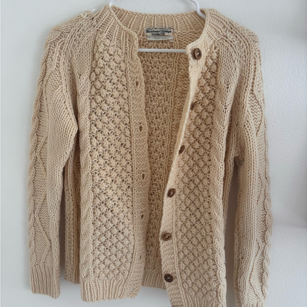 Cream Cable Knit Vintage handmade knit 100% wool sweater cardigan